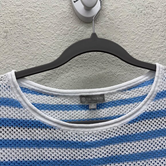 T by Talbots Blue White Stipe Open Knit Pullover Sweater Womens size Medium - Picture 2 of 7